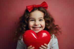 ai gegenereerd portret van een schattig weinig meisje met rood hart Aan valentijnsdag dag concept. foto