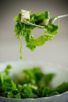 vers groen sla salade met Mozzarella en kruiden Aan een vork foto