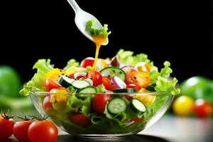 ai gegenereerd gezond voedsel vers groente salade en vork. generatief ai. foto