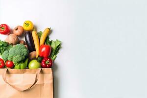 ai gegenereerd levering gezond voedsel achtergrond. veganistisch vegetarisch voedsel in papier zak groenten en fruit Aan wit, kopiëren ruimte, banner.kruidenier boodschappen doen voedsel supermarkt en schoon veganistisch aan het eten concept. foto