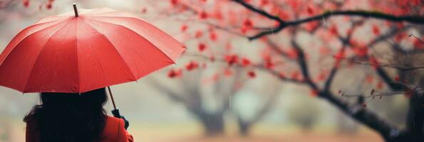 ai gegenereerd elegant jong vrouw met een levendig rood paraplu omarmen de regenen, weggaan uitgebreid kopiëren ruimte foto