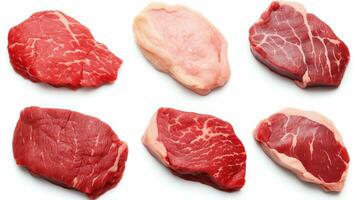 ai gegenereerd rauw steaks verscheidenheid, top visie, geïsoleerd Aan wit achtergrond voor culinaire ontwerp concepten foto