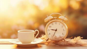 ai gegenereerd ochtend- gevoel alarm klok en koffie kop Aan tafel met wazig achtergrond, ideaal voor tekst plaatsing foto