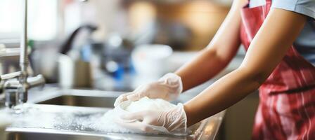ai gegenereerd vrouw het wassen gerechten in industrieel keuken, dichtbij omhoog van wit serviesgoed met wazig achtergrond foto