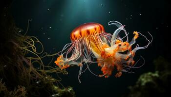 ai gegenereerd levendig oranje klok kwal sierlijk zwemmen in de kristal Doorzichtig wateren van de oceaan foto