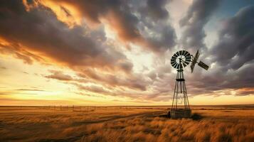 ai gegenereerd tarwe prairies landschap windmolen foto