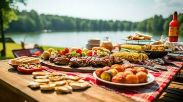 ai gegenereerd hotdogs buiten bbq voedsel foto