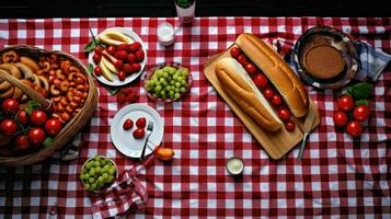 ai gegenereerd partij tafelkleed picknick voedsel foto