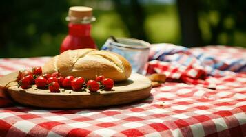 ai gegenereerd partij tafelkleed picknick voedsel foto