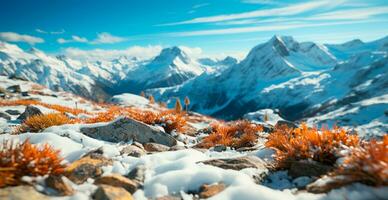 ai gegenereerd besneeuwd alpine bergen, mooi winter landschap, panorama - ai gegenereerd beeld foto