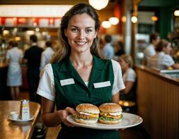 ai gegenereerd foto van mooi vrouw net zo een serveerster portie voedsel in retro dining restaurant, generatief ai