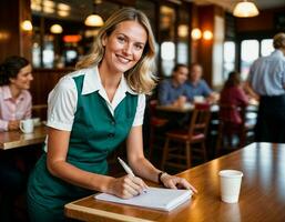 ai gegenereerd foto van mooi vrouw net zo een serveerster in retro dining restaurant, generatief ai