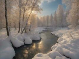 ai gegenereerd toneel- visie van bevroren meer tegen lucht gedurende winter foto