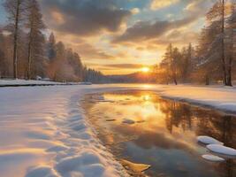 ai gegenereerd toneel- visie van bevroren meer tegen lucht gedurende winter foto