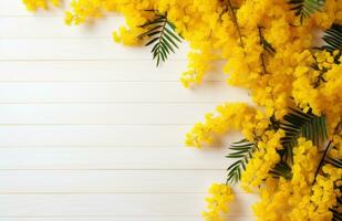 ai gegenereerd mimosa bloemen Aan houten wit achtergrond met onderschrift met copyspace foto