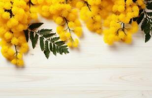 ai gegenereerd mimosa bloemen Aan houten wit achtergrond met onderschrift met copyspace foto