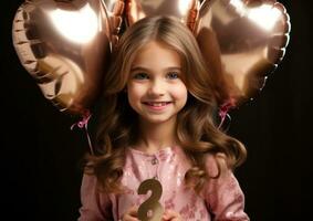 ai gegenereerd glimlachen meisje Holding 8 goud folie ballonnen met een tulp in handen foto