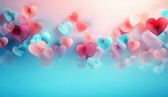 ai gegenereerd licht roze en blauw abstract harten tegen een blauw achtergrond foto