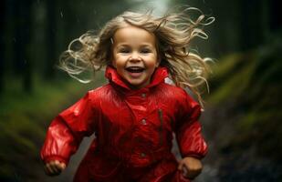 ai gegenereerd gelukkig weinig meisje in rood rennen door de regen gelukkig foto