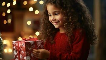 ai gegenereerd een jong meisje Holding een rood geschenk en lachend, foto