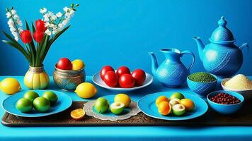 ai gegenereerd Nowruz feest gevarieerd snoepgoed en voedingsmiddelen voor een blij viering foto