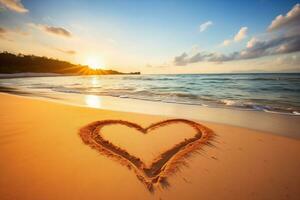 ai gegenereerd zonsondergang Aan een tropisch strand met een hart getrokken in de zand foto