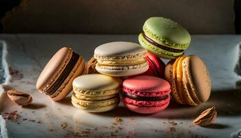 ai gegenereerd macarons en thee voor middag snacks foto