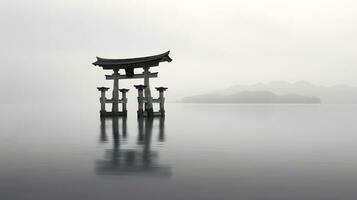 ai gegenereerd landschap van Japans torii poort in mist foto