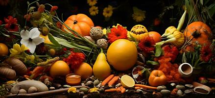 ai gegenereerd voedsel verspilling herfst nog steeds leven met pompoenen, fruit en groenten Aan houten achtergrond foto