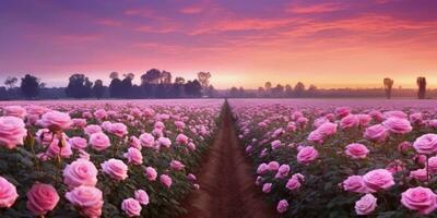 ai gegenereerd roos veld- in de zonsopkomst ochtend- met mooi lucht foto