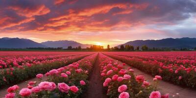 ai gegenereerd roos veld- in de zonsopkomst ochtend- met mooi lucht foto