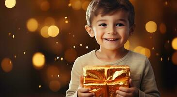ai gegenereerd een weinig glimlachen kind houdt een geschenk doos in zijn hand, foto