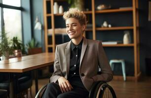 ai gegenereerd streven bedrijf vrouw in rolstoel glimlachen in een kantoor foto