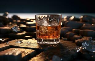ai gegenereerd een glas van een whisky zittend binnen van een donker tafereel foto
