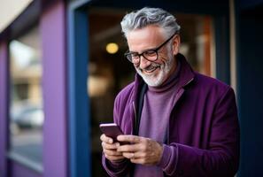 ai gegenereerd ouderen Mens gebruik makend van mobiele telefoon in een Purper trui tegen een Purper achtergrond foto