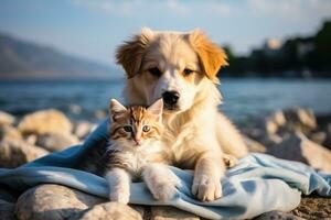 ai gegenereerd schattig pot en puppy knuffelen samen geïsoleerd .generatief ai foto