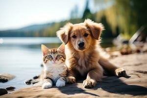 ai gegenereerd schattig pot en puppy knuffelen samen geïsoleerd .generatief ai foto