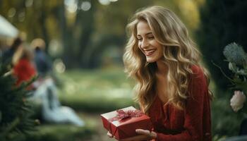 ai gegenereerd meisje is gelukkig lachend Holding een geschenk foto