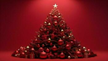 ai gegenereerd vrolijk Kerstmis boom rood achtergrond behang foto