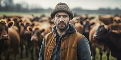 ai gegenereerd boer staand in voorkant van een kudde van koeien. foto