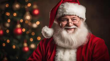 ai gegenereerd glimlachen de kerstman claus met geschenk dozen in feestelijk Kerstmis kleding foto