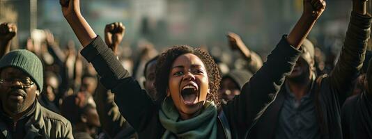 ai gegenereerd Afrikaanse Amerikaans vrouw verhogen handen deelnemen in een protest voor menselijk rechten foto