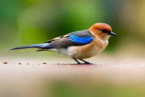 ai gegenereerd een klein vogel met een blauw en wit hoofd foto