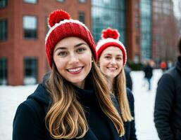 ai gegenereerd foto van mooi vrouw met blond haar- en muts hoed met gelukkig gevoel gedurende winter seizoen, generatief ai