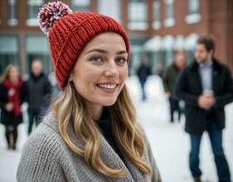 ai gegenereerd foto van mooi vrouw met blond haar- en muts hoed met gelukkig gevoel gedurende winter seizoen, generatief ai