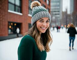 ai gegenereerd foto van mooi vrouw met blond haar- en muts hoed met gelukkig gevoel gedurende winter seizoen, generatief ai