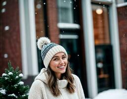 ai gegenereerd foto van mooi vrouw met blond haar- en muts hoed met gelukkig gevoel gedurende winter seizoen, generatief ai