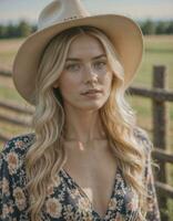 ai gegenereerd foto van mooi vrouw met blond haar- en afdrukken jurk en cowboy hoed staand Bij lokaal boerderij pad, generatief ai