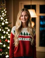 ai gegenereerd foto van mooi vrouw met blond haar- in trui staand in voorkant van Kerstmis boom , generatief ai
