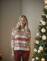 ai gegenereerd foto van mooi vrouw met blond haar- in trui staand in voorkant van Kerstmis boom , generatief ai